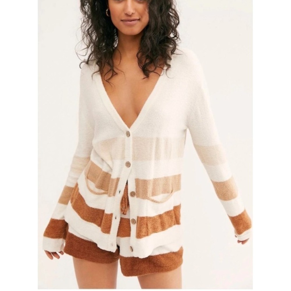Free People Beach Cardigan Sweater Shorts Set Size X-Small Brown Ivory Stripes